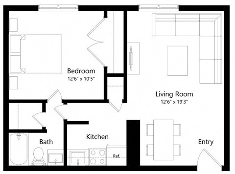 Floor plan for 1 bed, 1 bath, 613 sqft